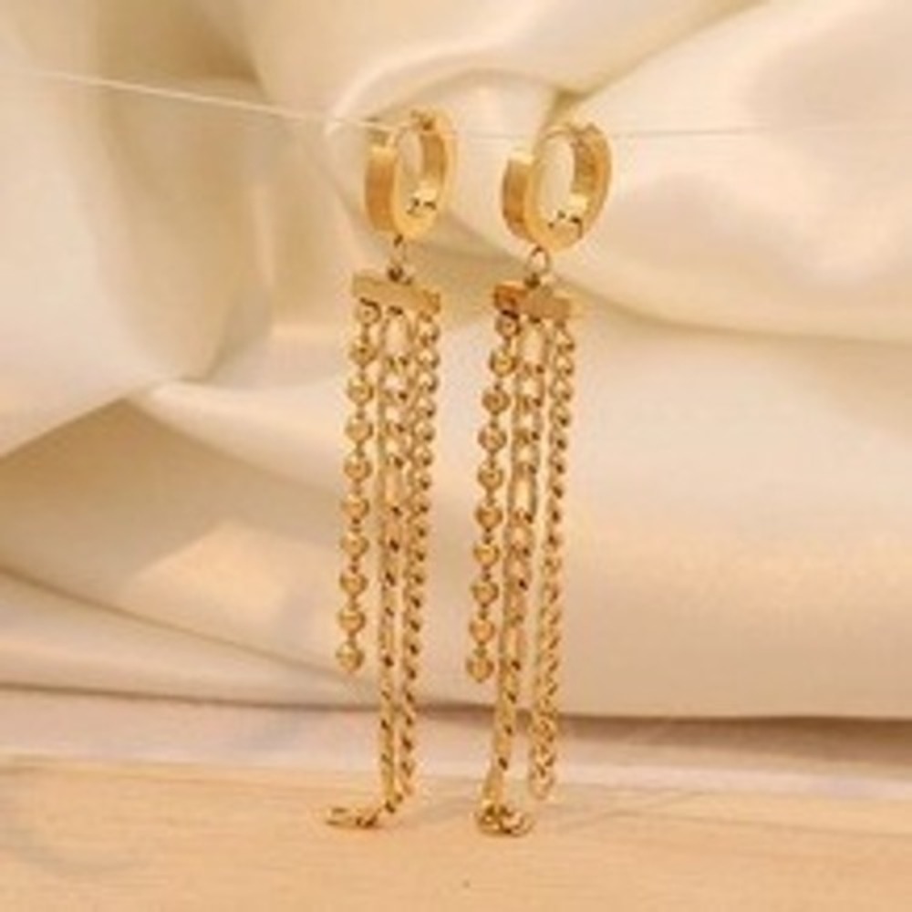 Gold Stainless Steel Multi Strand Tassel Huggie Hoop Dangle Drop Earrings Long